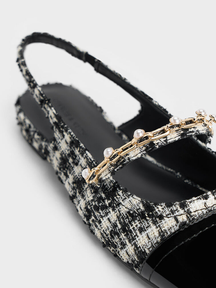 Rio Tweed Beaded Chain-Link Slingback Flats, Black Textured, hi-res