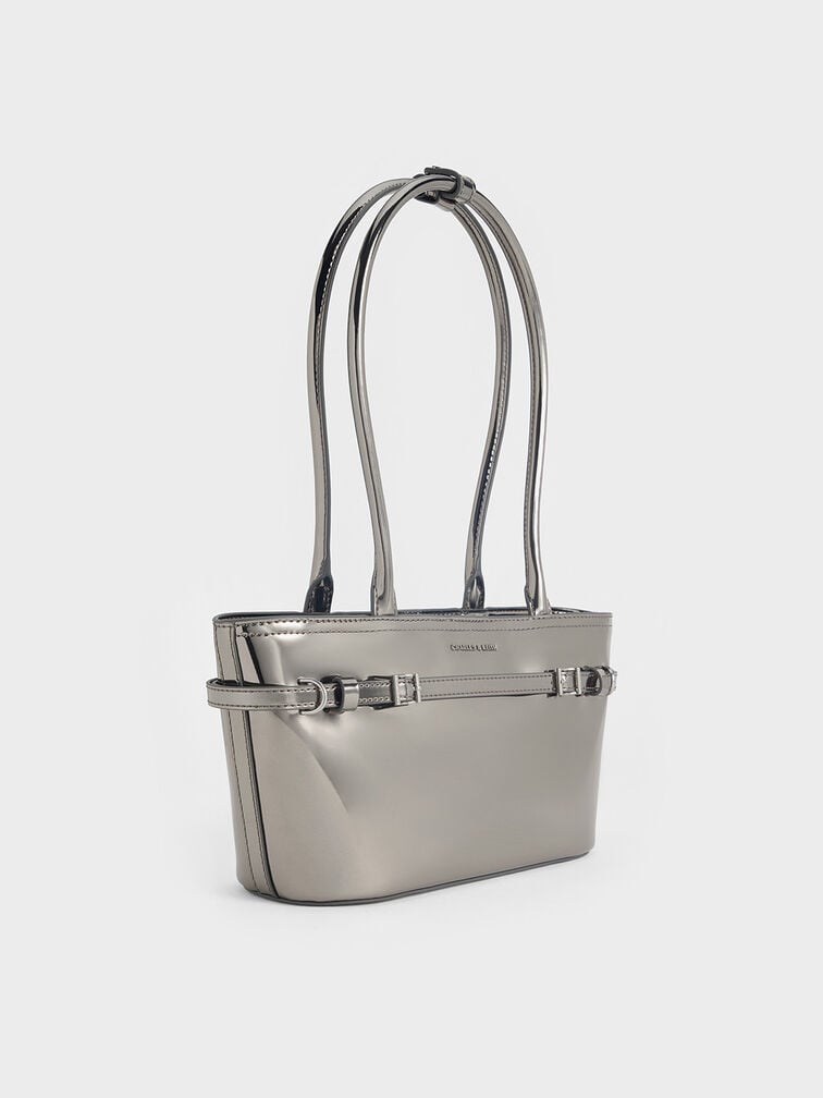Sloane Metallic Elongated-Handle Shoulder Bag, Pewter, hi-res