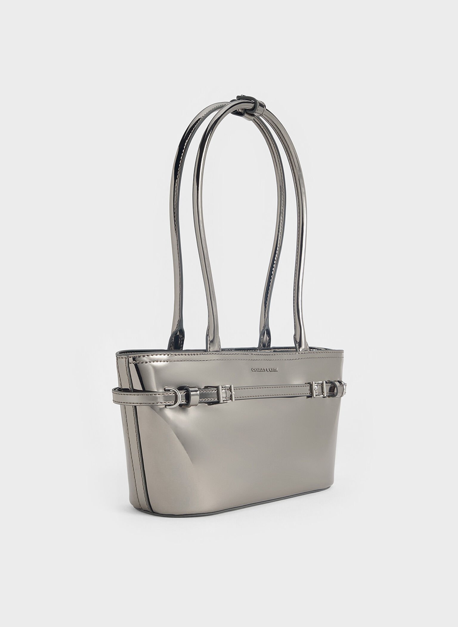 Sloane Metallic Elongated-Handle Shoulder Bag, Pewter, hi-res