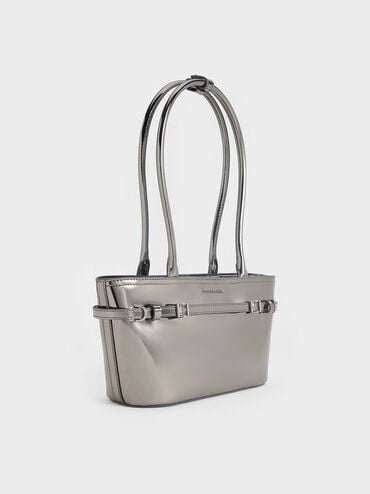 Sloane Metallic Elongated-Handle Shoulder Bag, Pewter, hi-res