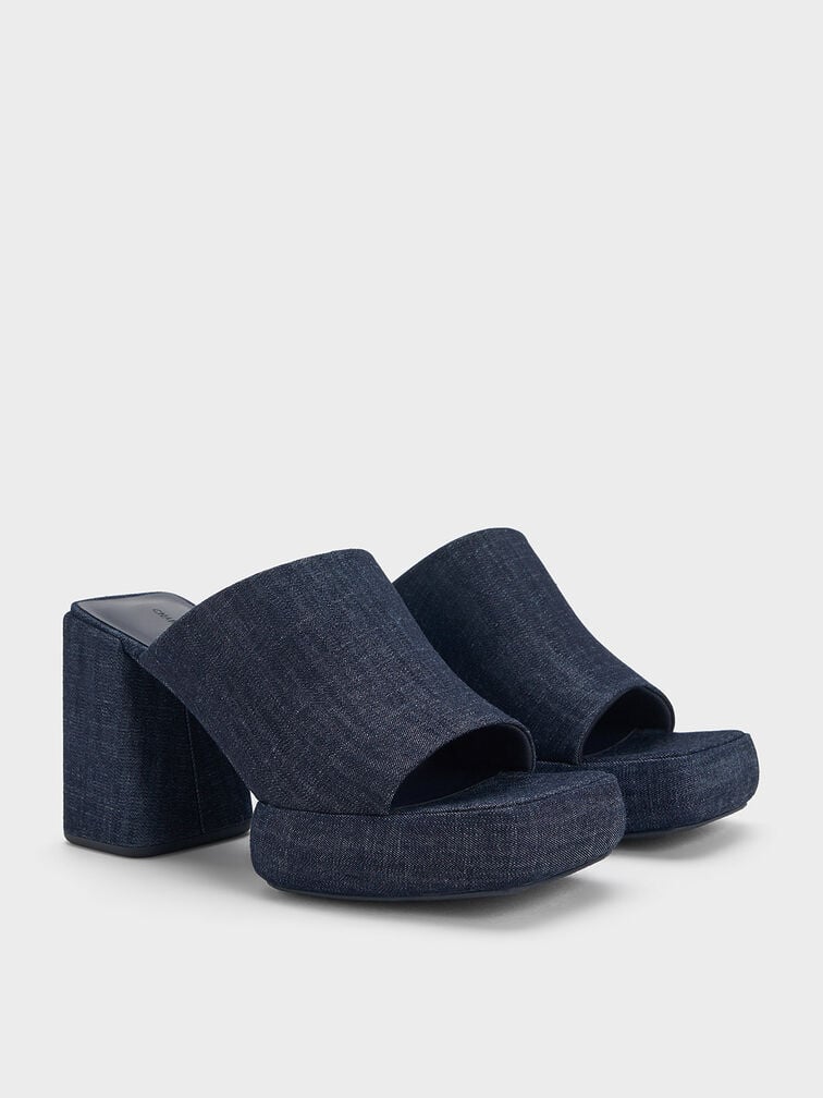 Lucile Denim Block-Heel Platform Mules, Dark Blue, hi-res