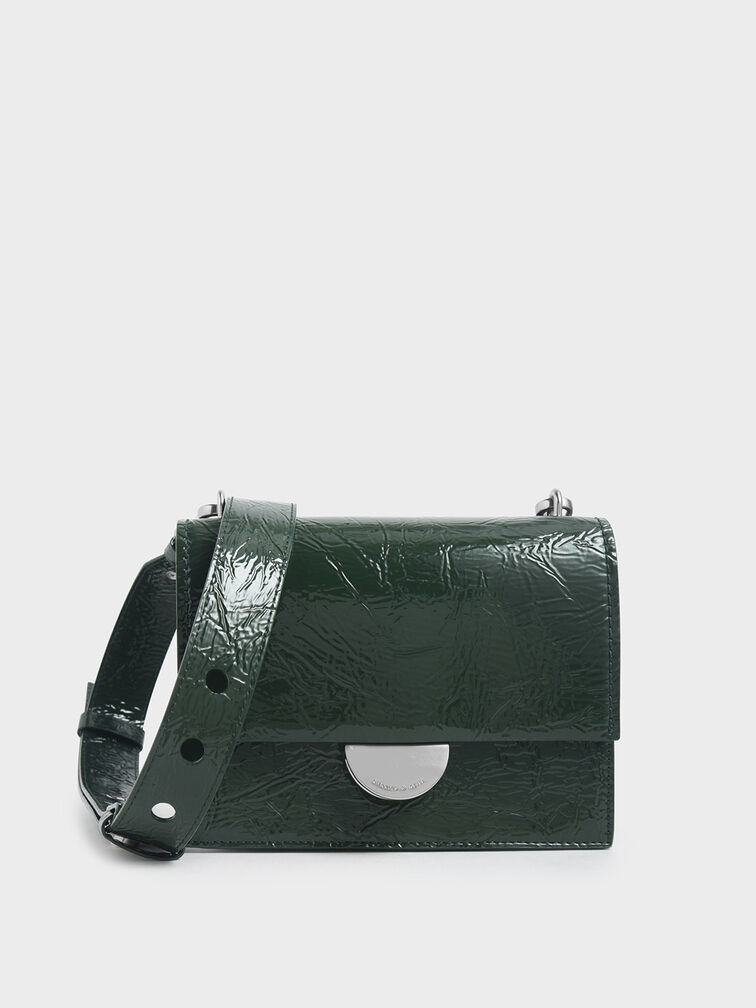 Round Metal Accent Wrinkled Patent Bag, Dark Green, hi-res