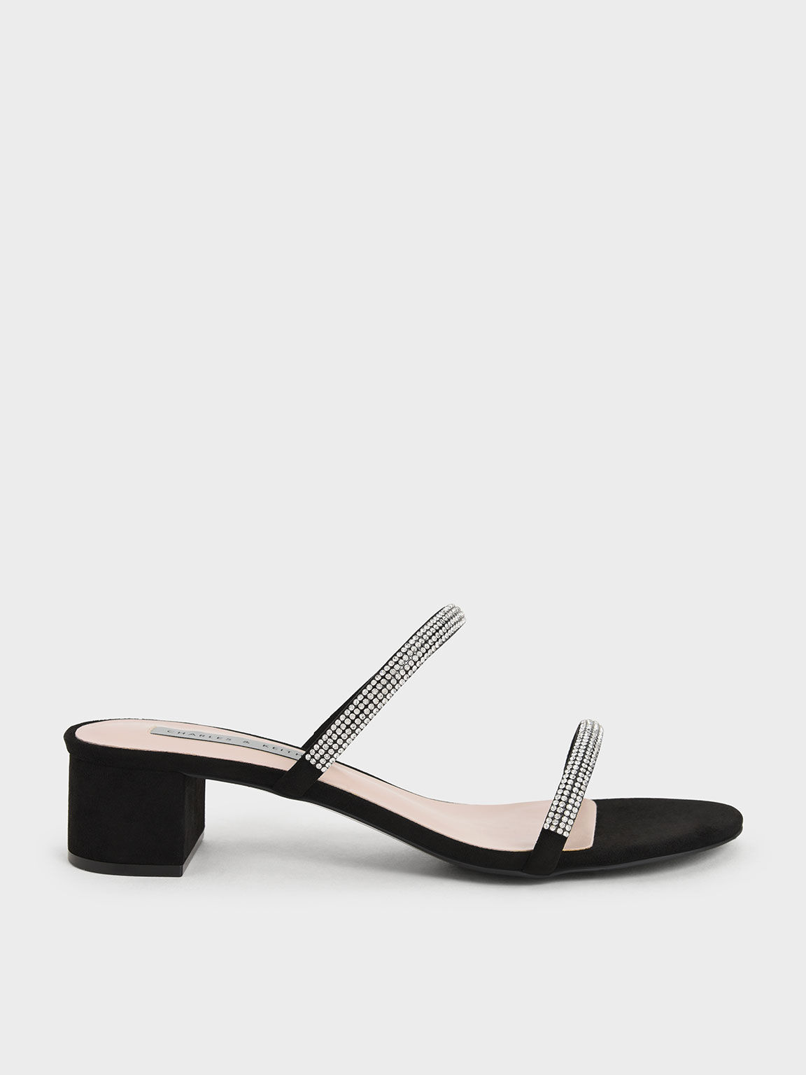 Gem Encrusted Strappy Heeled Mules Black