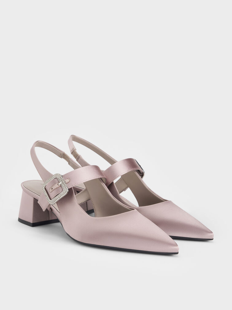 Satin Crystal-Buckle Block-Heel Slingback Pumps, Mauve, hi-res