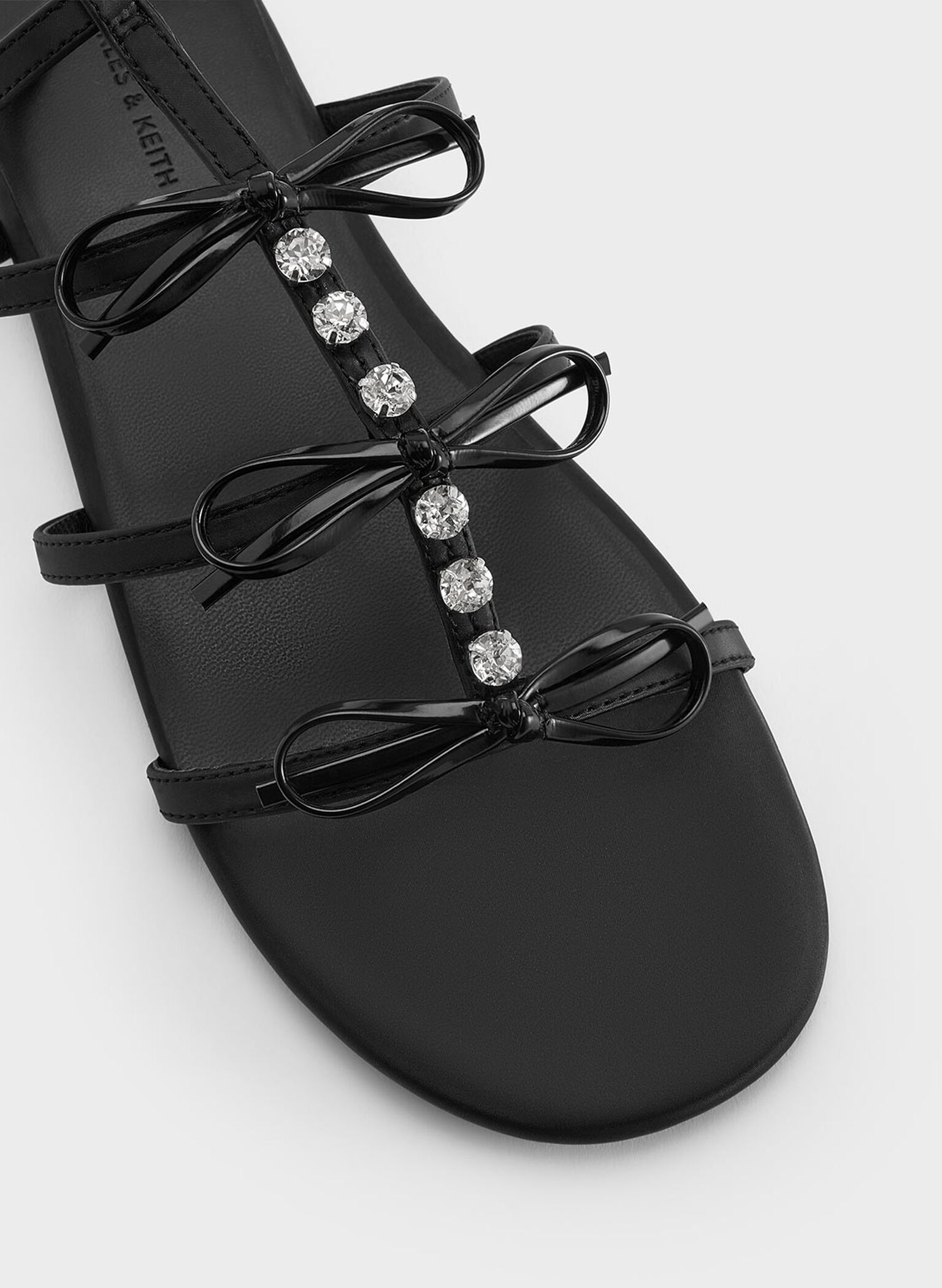 Gem-Embellished Bow T-Bar Sandals, Black, hi-res