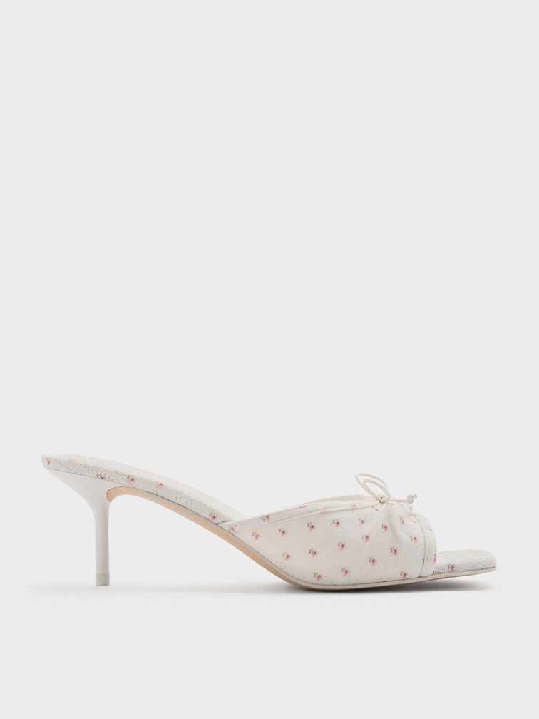 Floral-Print Ruched Bow Heeled Mules, Multi, hi-res
