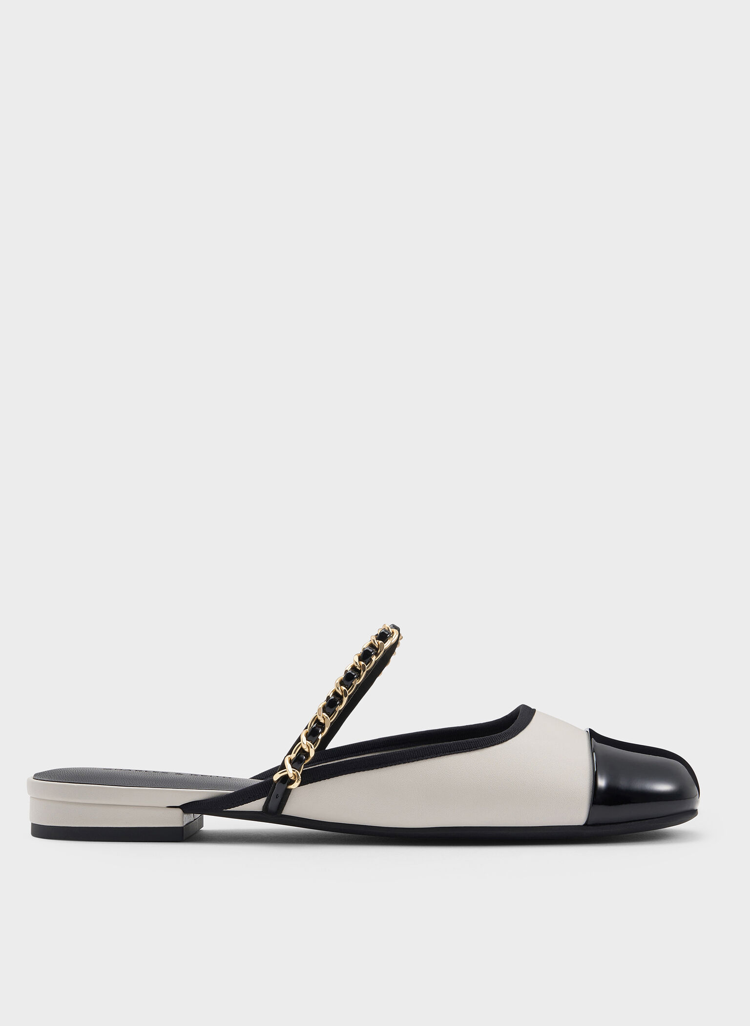 Patent Two-Tone Chain-Strap Mules, White, hi-res