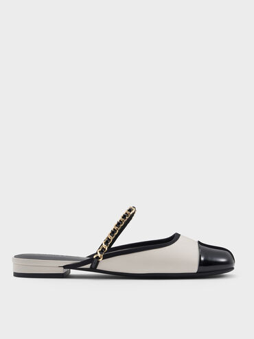 Patent Two-Tone Chain-Strap Mules, White, hi-res