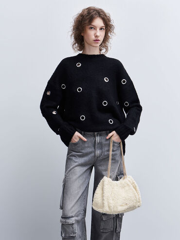 Cyrus Furry Slouchy Chain-Handle Bag, Cream, hi-res