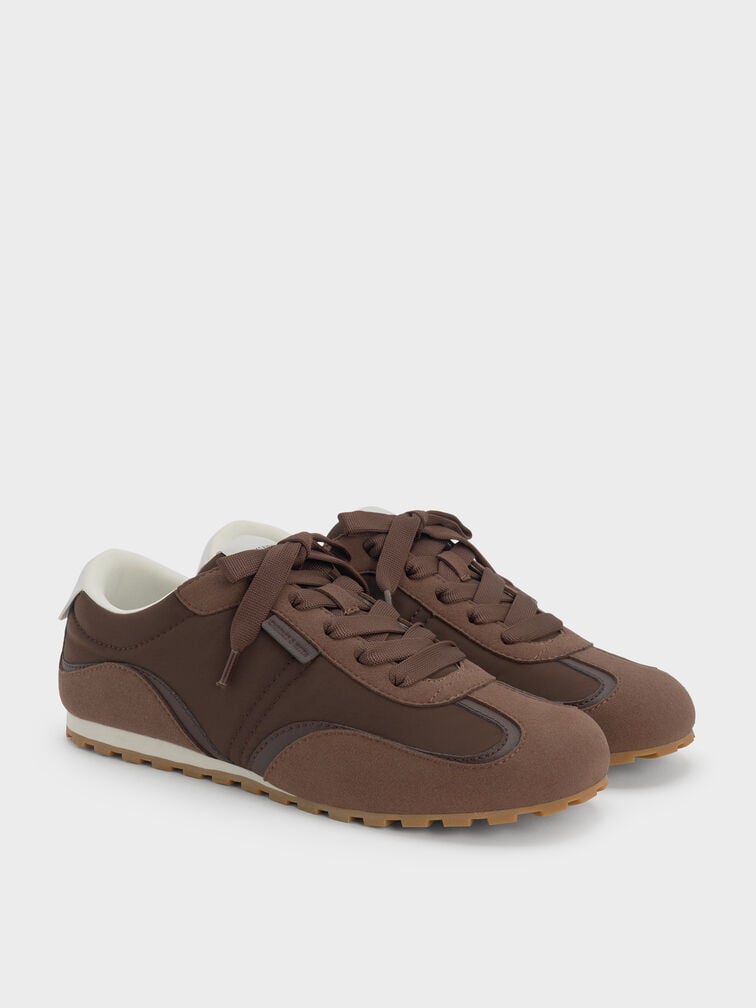 Nylon Contrast-Panel Lace-Up Sneakers, Dark Brown Textured, hi-res