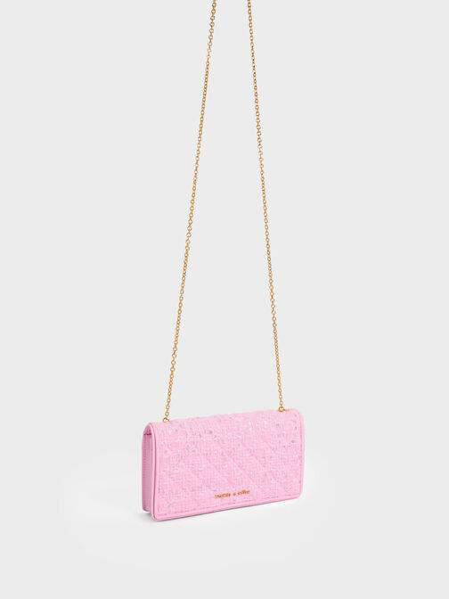 Tweed Quilted Pouch, Pink, hi-res