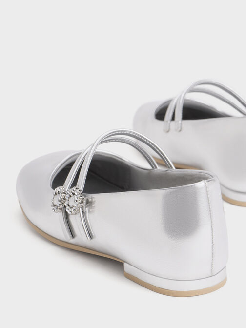 Girls' Gem-Embellished Metallic Mary Janes, Silver, hi-res