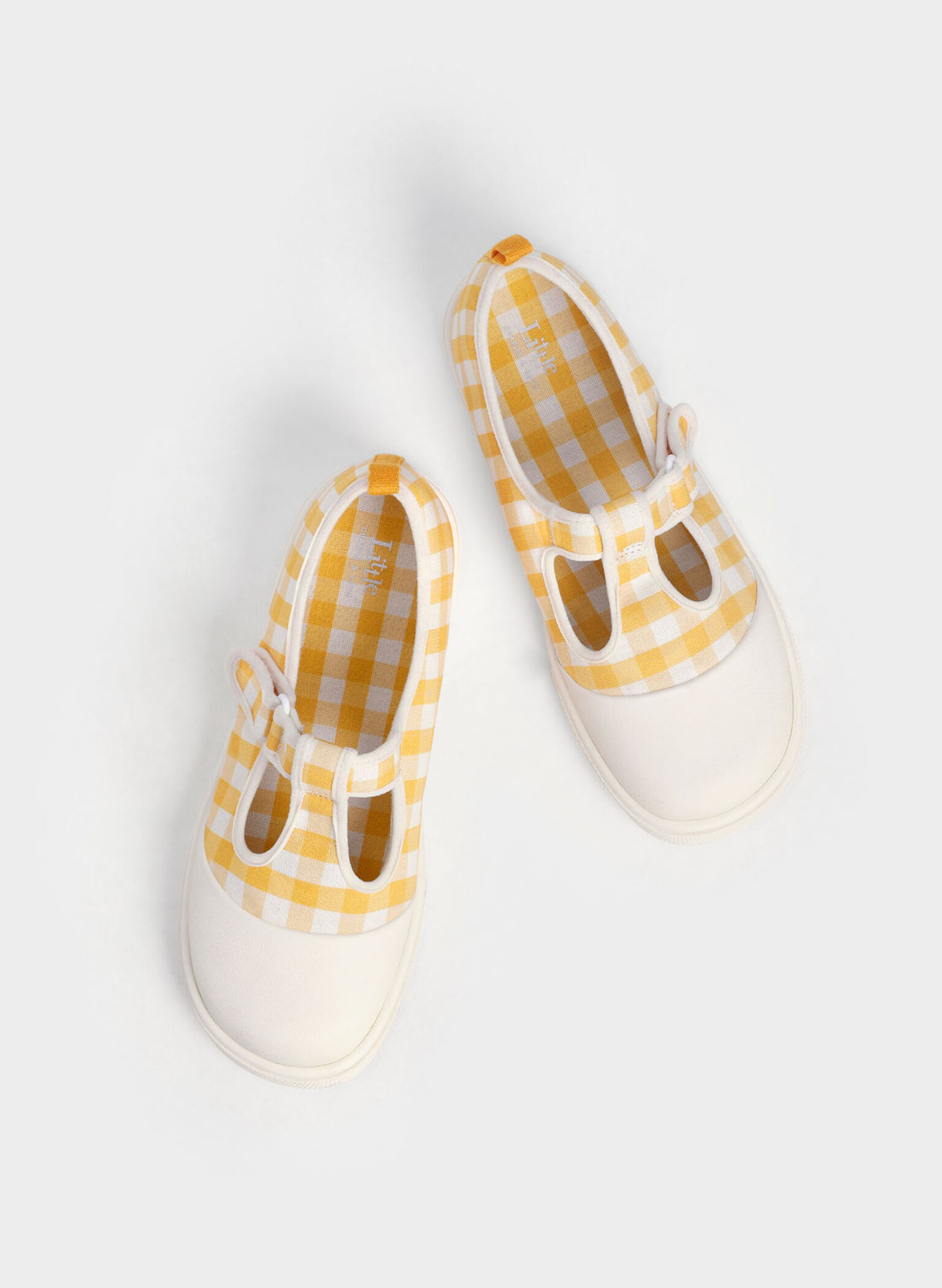 Girls' Linen Front-Strap Gingham-Print Shoes, Yellow, hi-res