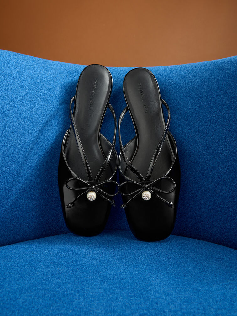 Pearl-Accent Bow Flat Mules, Black Box, hi-res