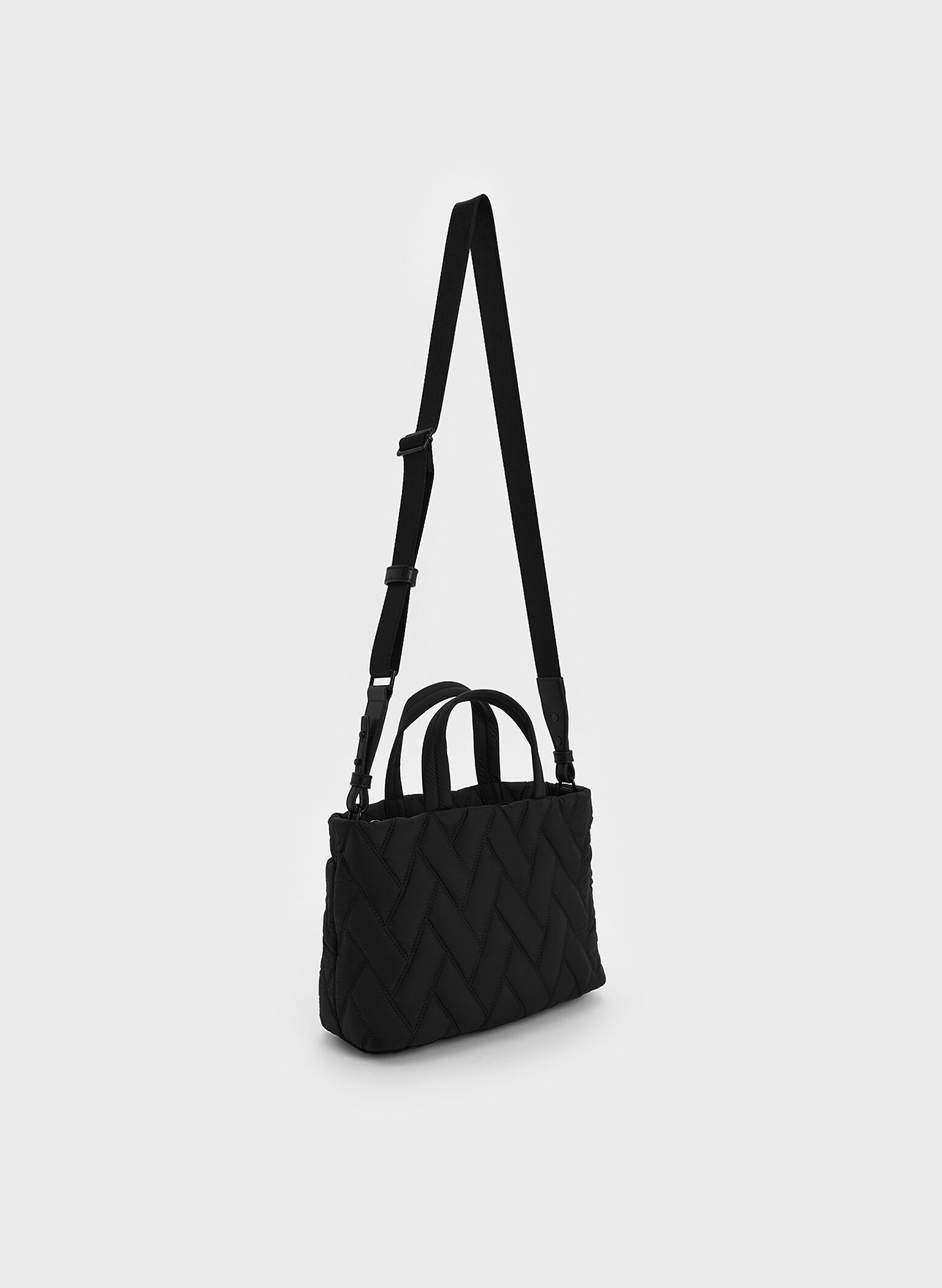 Nylon Chevron Boxy Tote Bag, Jet Black, hi-res