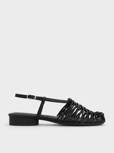 Linnea Woven Slingback Caged Sandals, Black, hi-res