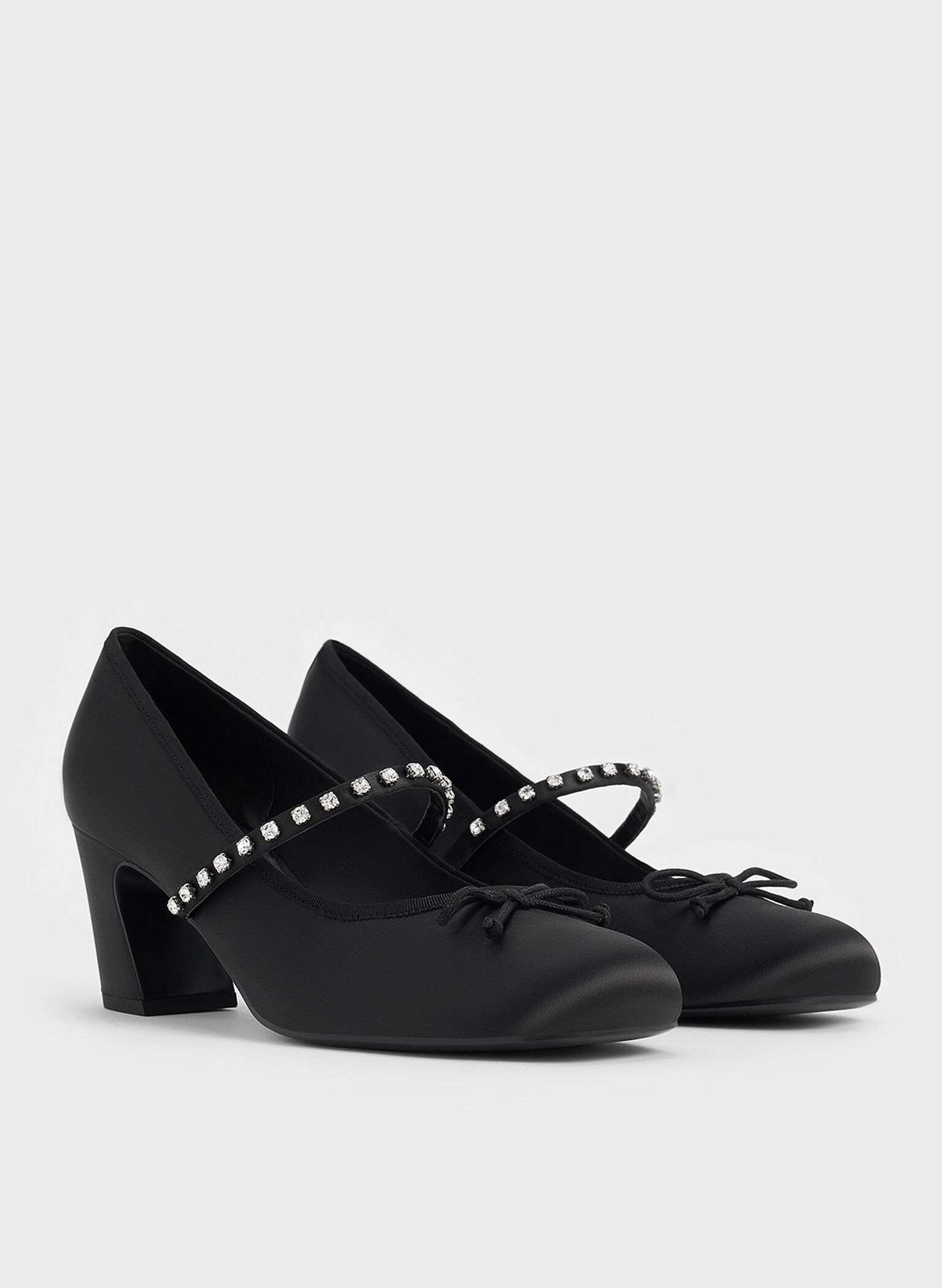 Satin Gem-Embellished Bow Mary Jane Pumps, Black Textured, hi-res