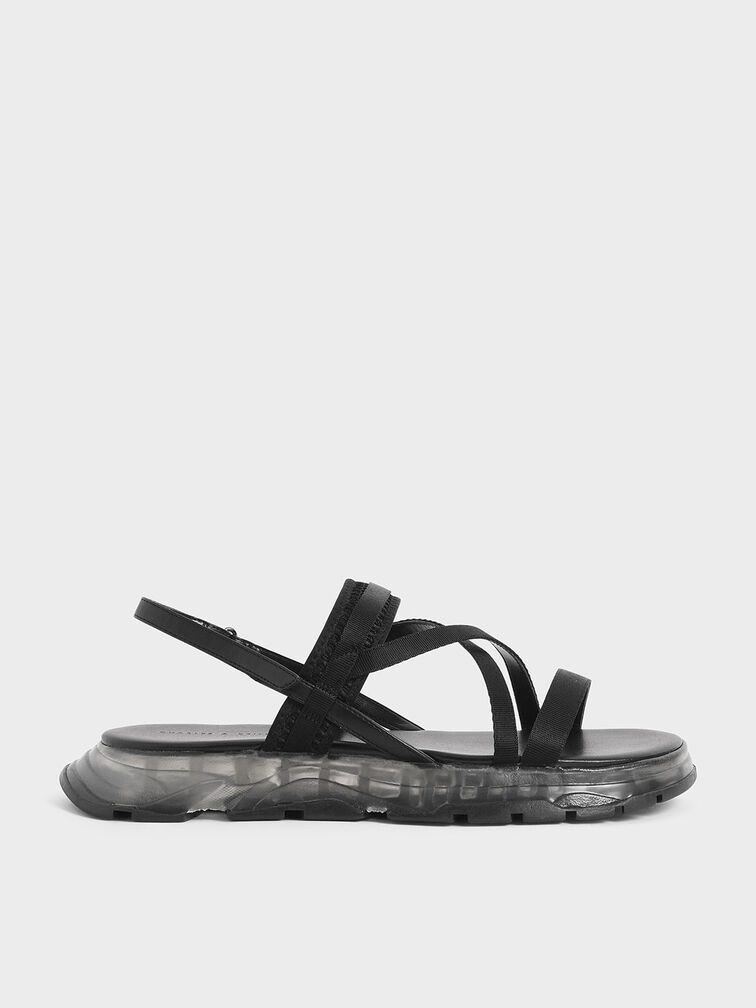 Grosgrain Strappy Flatform Sandals, Black, hi-res