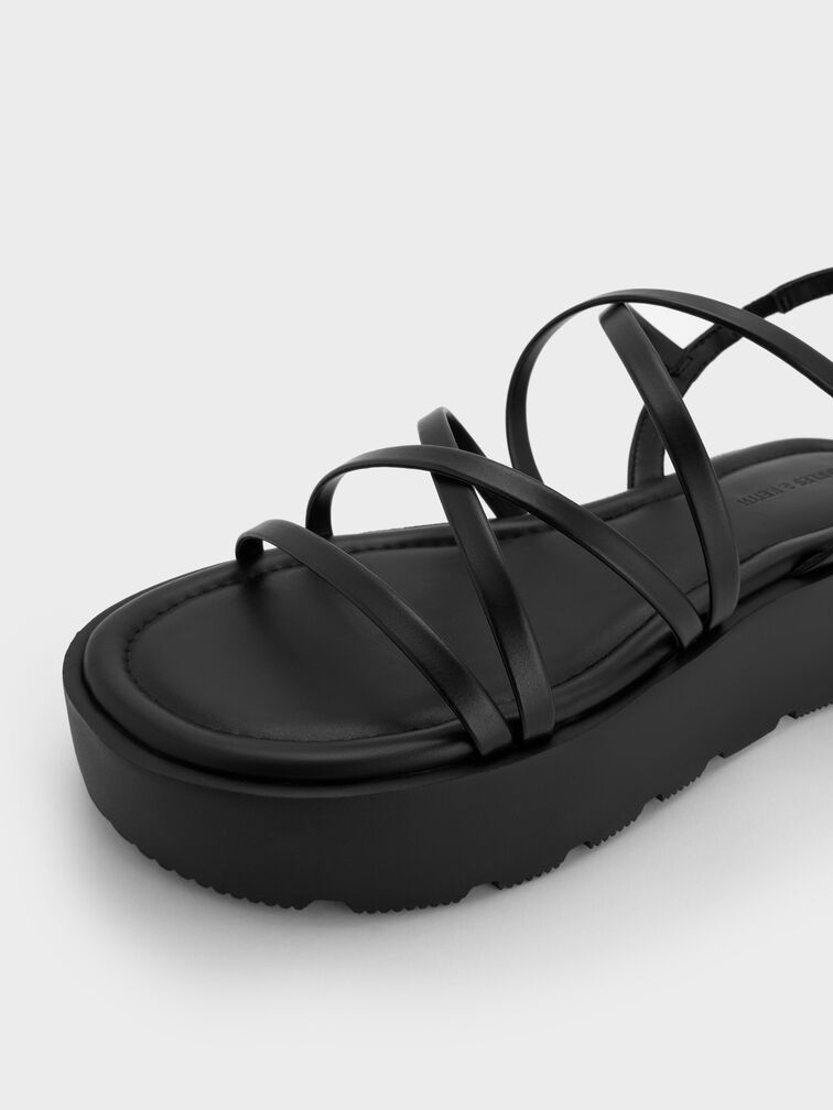 Strappy Ridged-Sole Flatform Sandals, Black, hi-res
