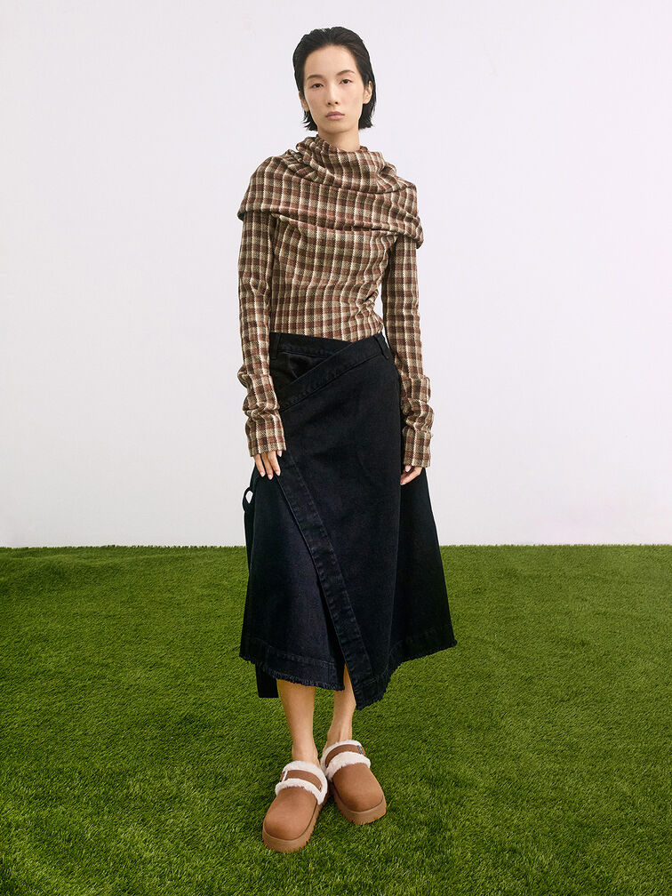 Hannah Textured Fur-Trim Buckled Mules, Brown, hi-res