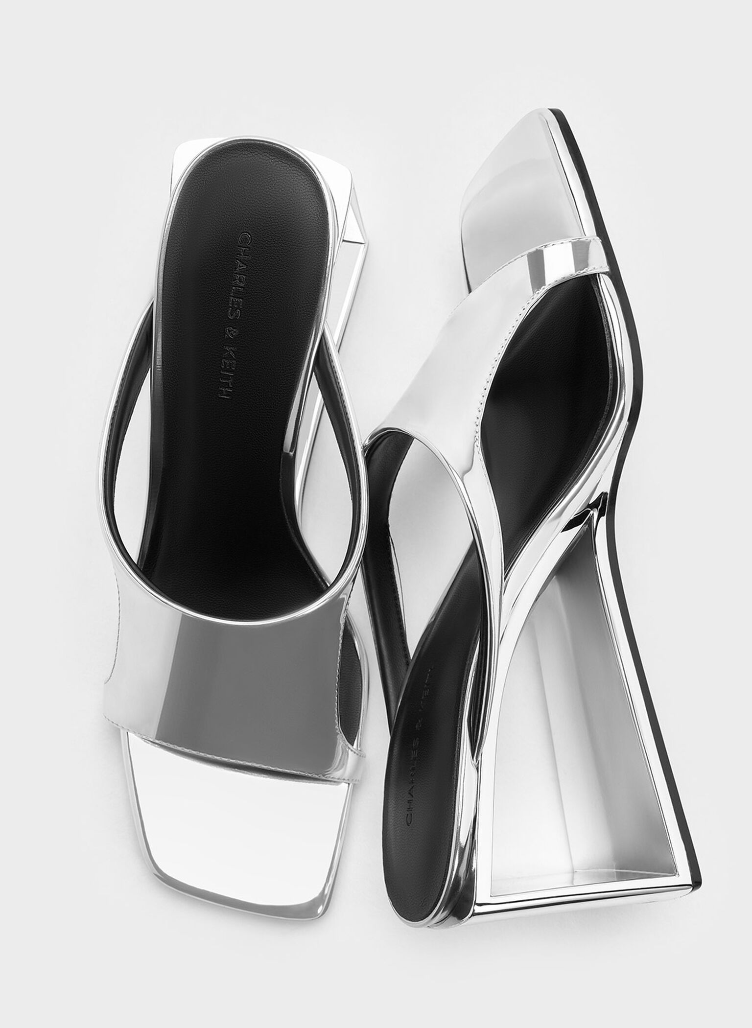 Xeli Metallic Triangle-Heel Mules, Silver, hi-res