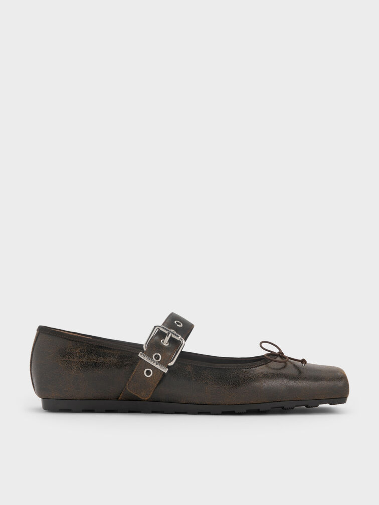 Myler Crinkle-Effect Bow Square-Toe Buckled Mary Janes, Dark Brown, hi-res