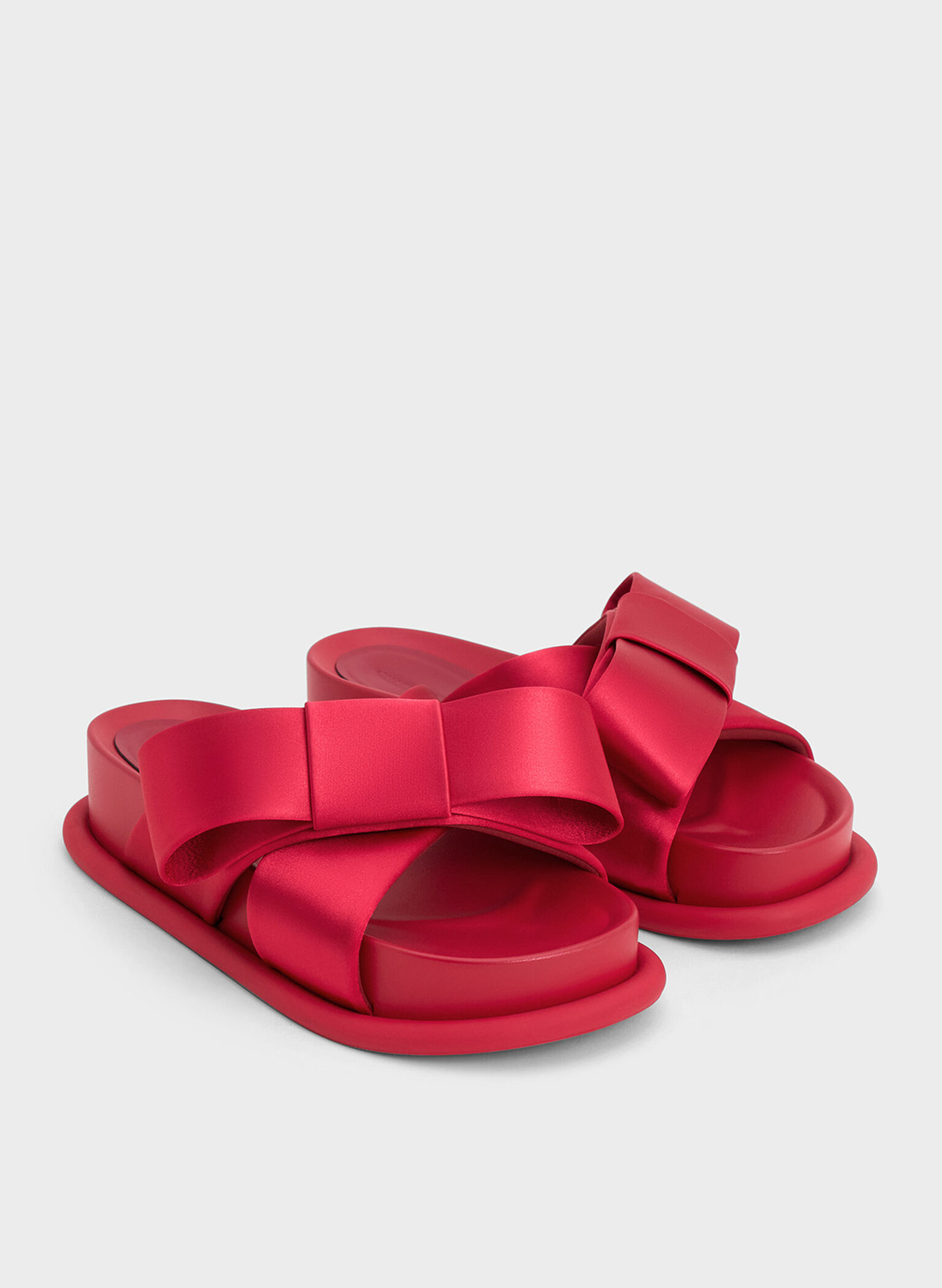 Satin Bow Flatform Sandals, Red, hi-res