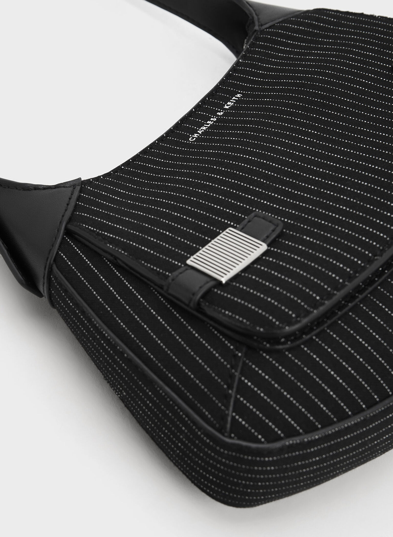 Striped Metallic-Accent Curved Shoulder Bag, Dark Grey, hi-res