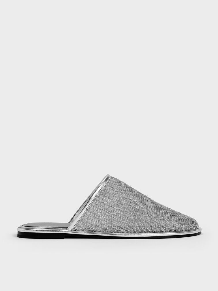 Mesh High-Vamp Flat Mules, Silver, hi-res