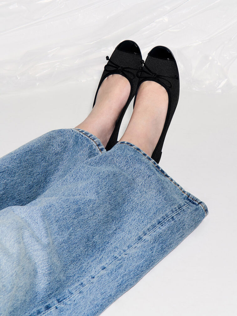 Glennis Recycled Polyester Bow Ballet Pumps, Black Textured, hi-res