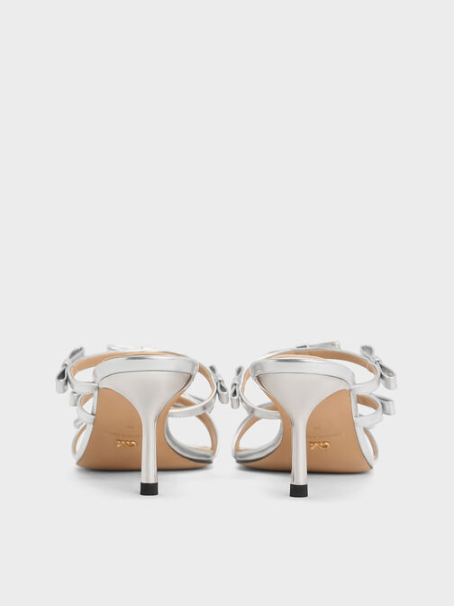 Jessy Metallic Leather Bow Heeled Sandals, Silver, hi-res