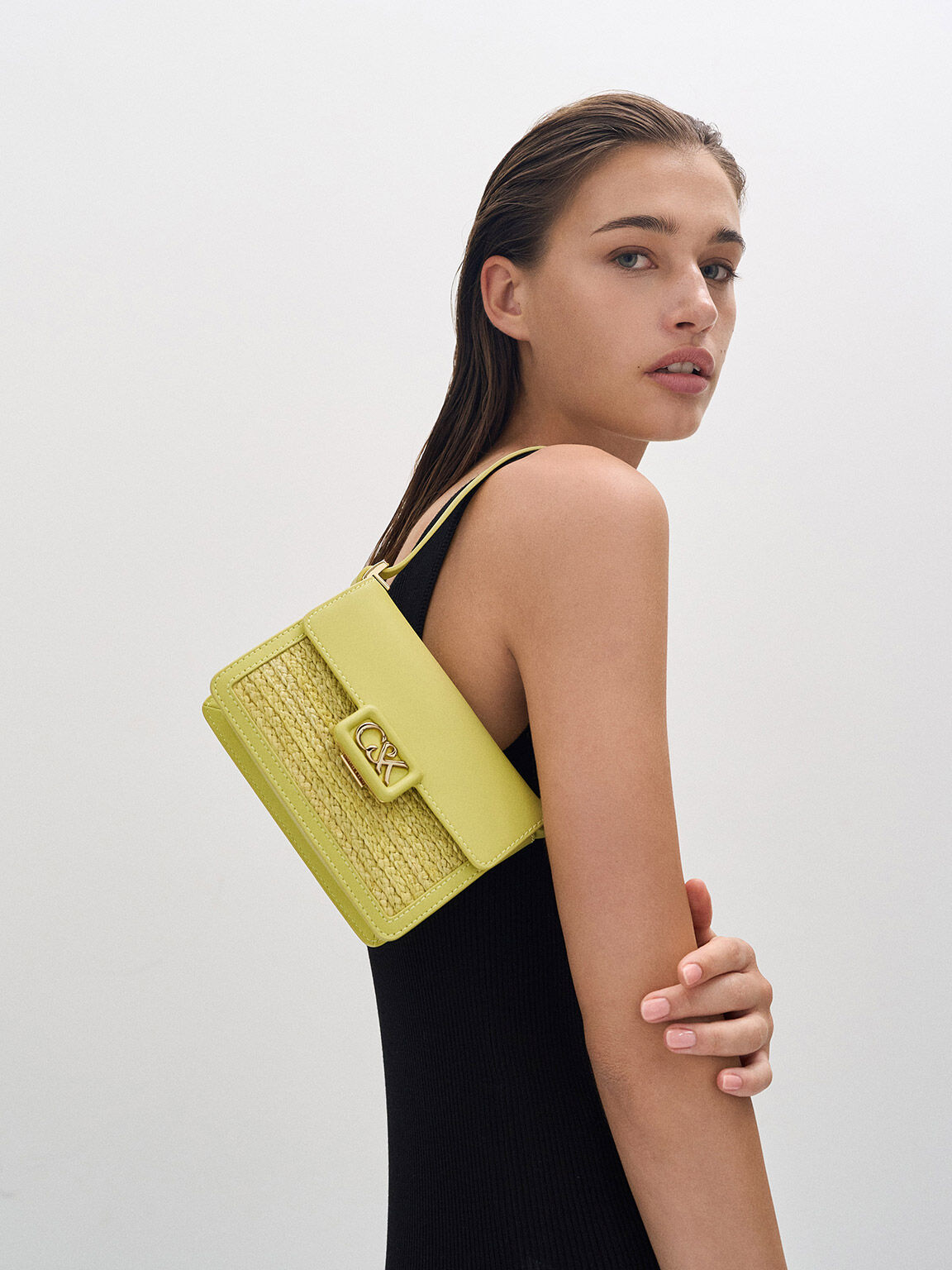 Leather Raffia Boxy Bag Lime
