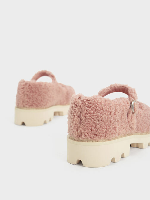 Girls' Furry Platform Mary Janes, Pink, hi-res