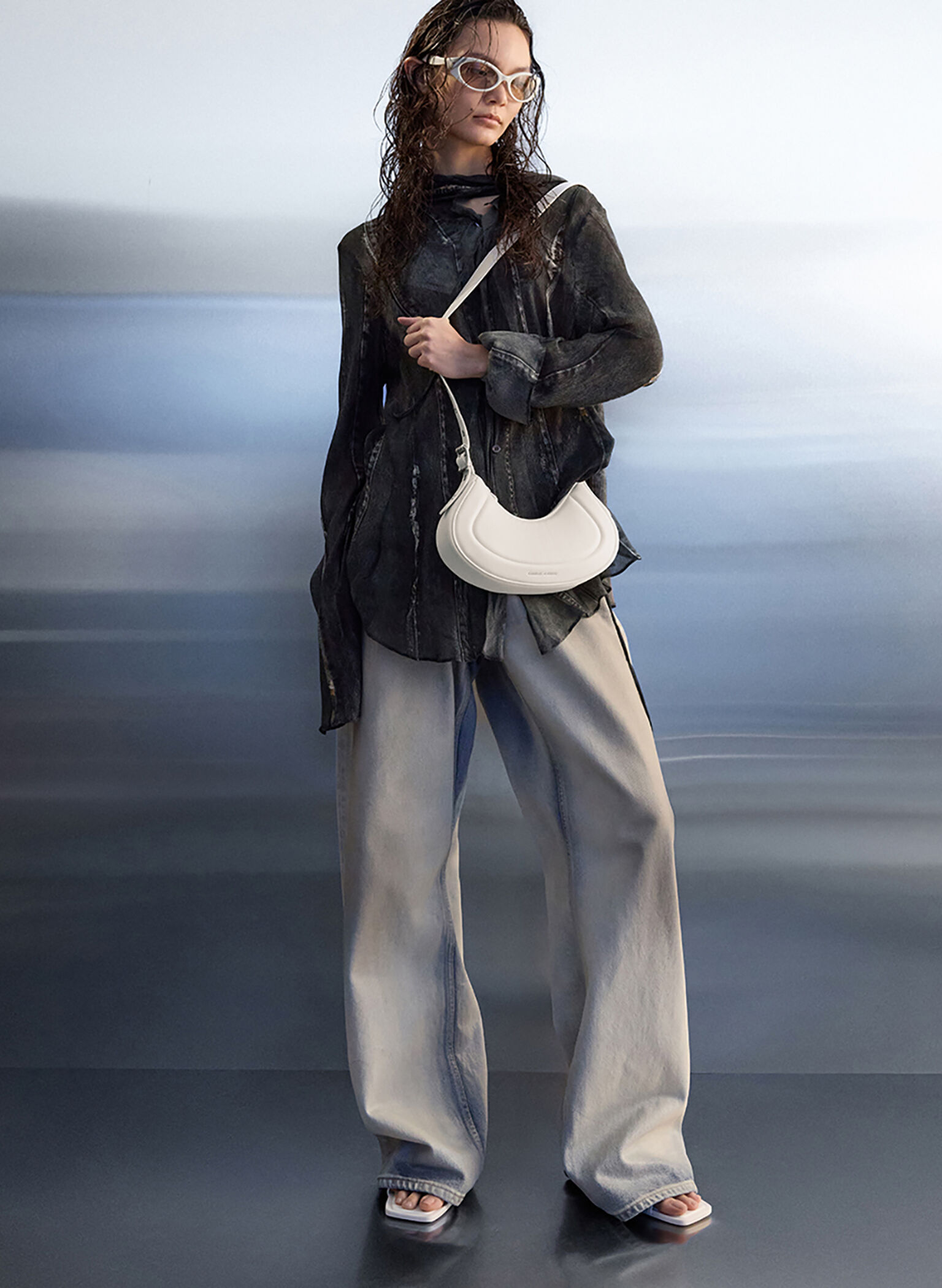 Petra Grommet-Strap Curved Shoulder Bag, Cream, hi-res