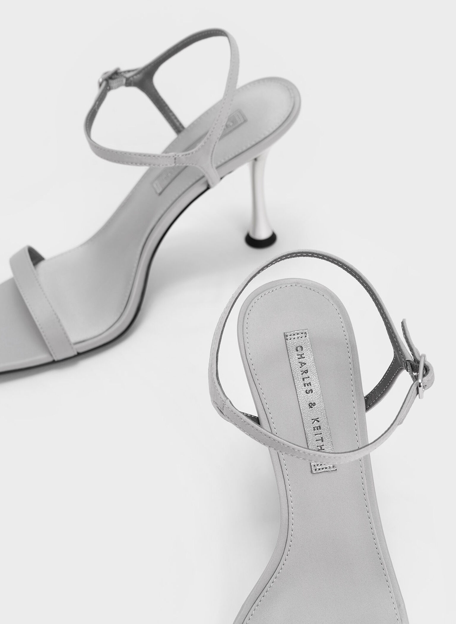 Spool Heel Satin Sandals, Grey, hi-res