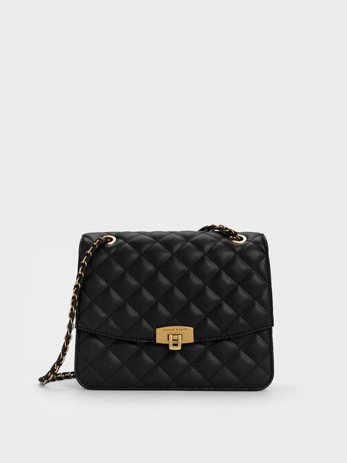 Quilted Chain Strap Bag, Black, hi-res