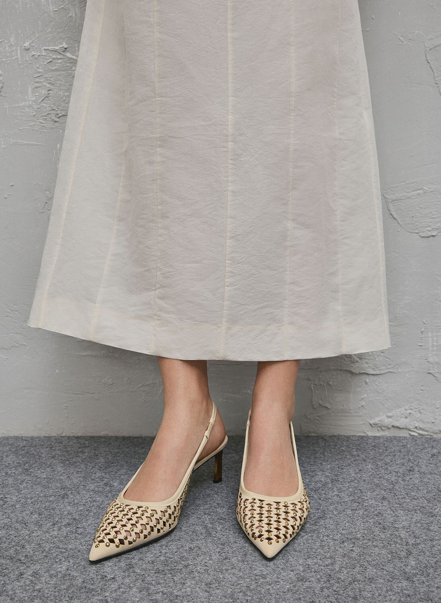Studded Cut-Out Kitten-Heel Slingback Pumps, Cream, hi-res