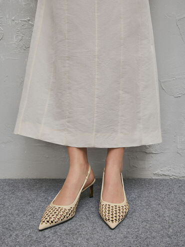 Studded Cut-Out Kitten-Heel Slingback Pumps, Cream, hi-res