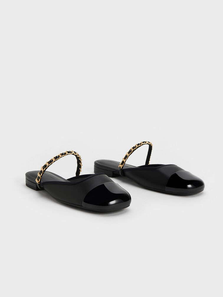 Patent Chain-Strap Mules, Black, hi-res