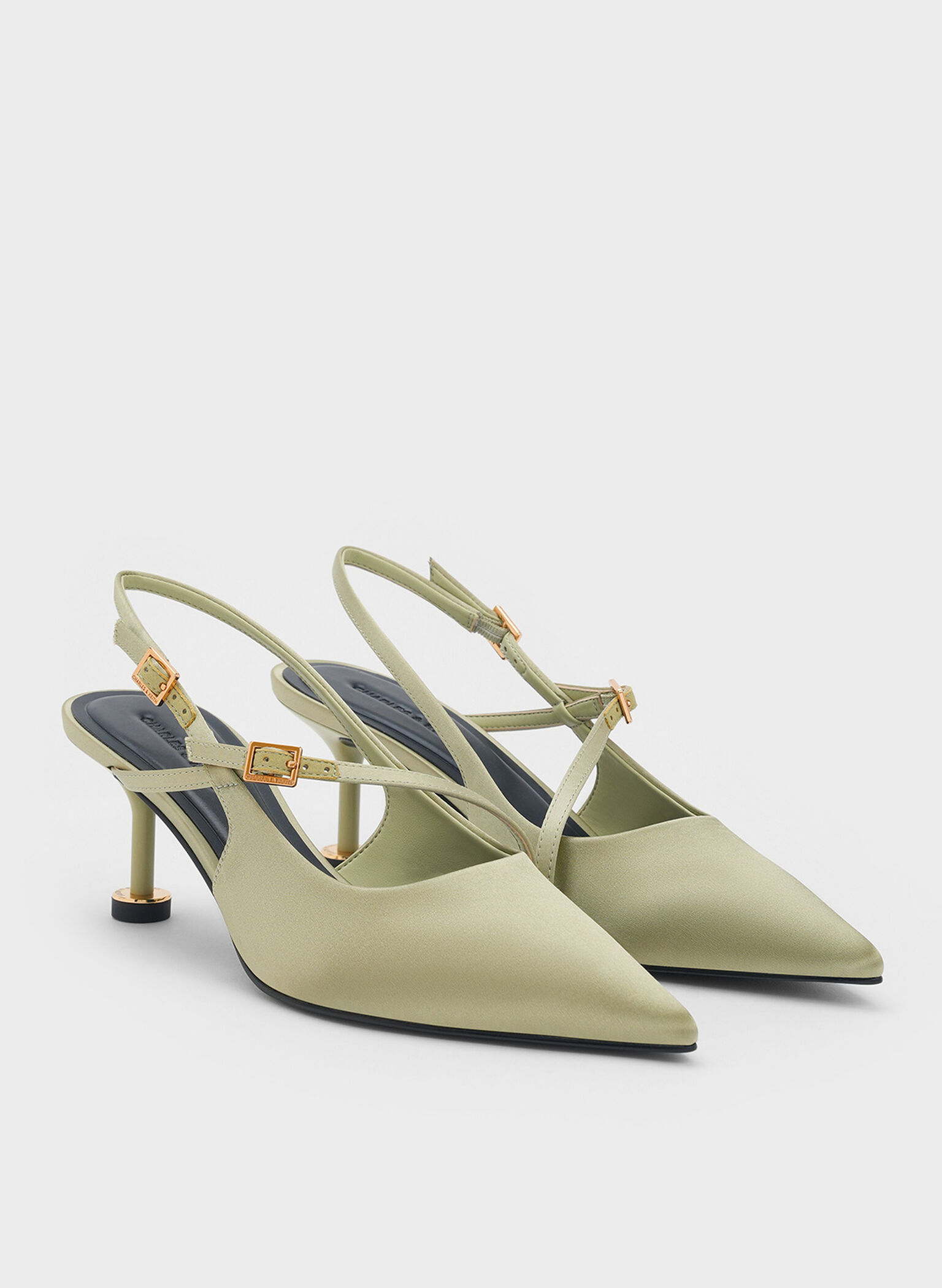Recycled Polyester Buckled Sculptural-Heel Slingback Pumps, Green, hi-res