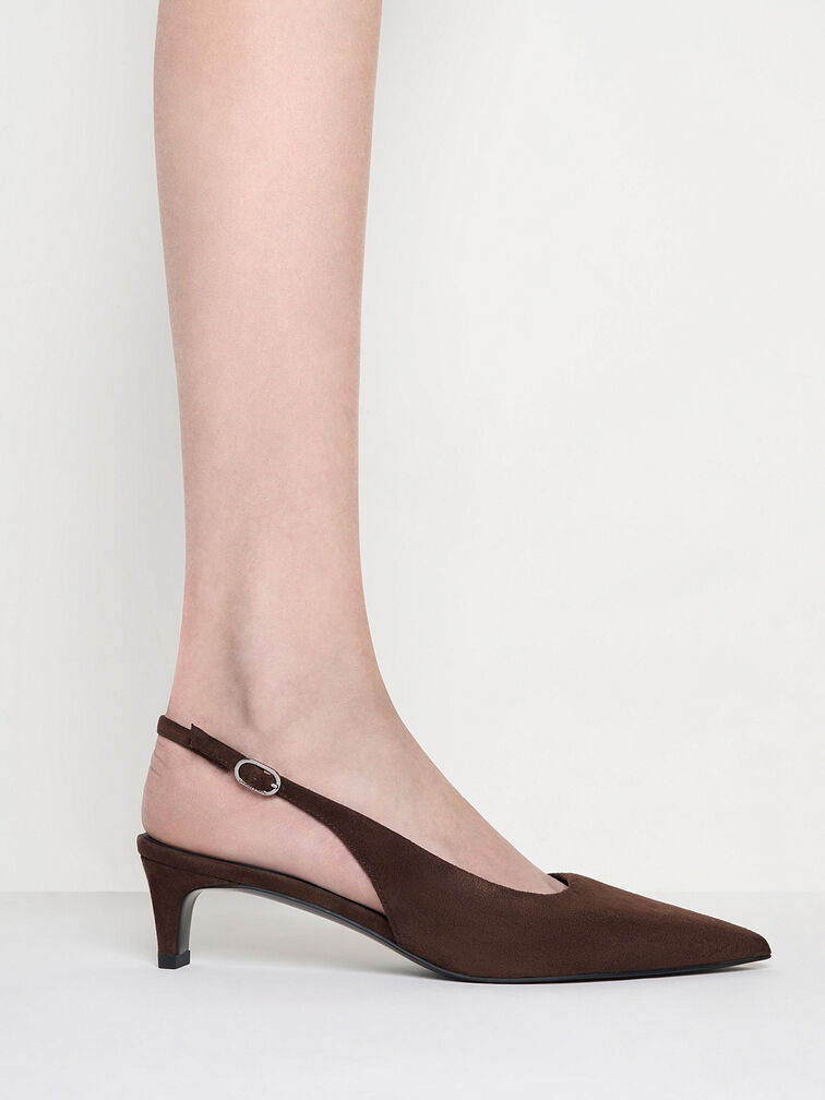 Faux Suede Pointed-Toe Kitten-Heel Slingback Pumps, Dark Brown, hi-res