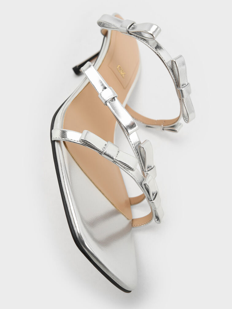 Jessy Metallic Leather Bow Heeled Sandals, Silver, hi-res