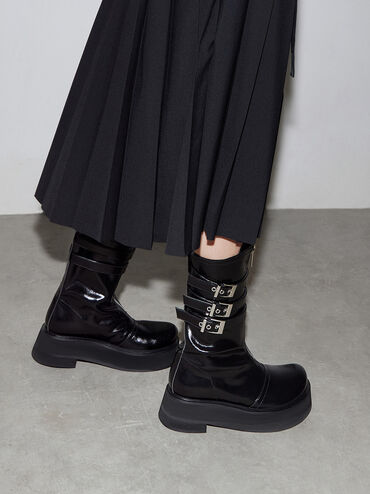 Nikki Triple-Buckle Calf Boots, Black, hi-res