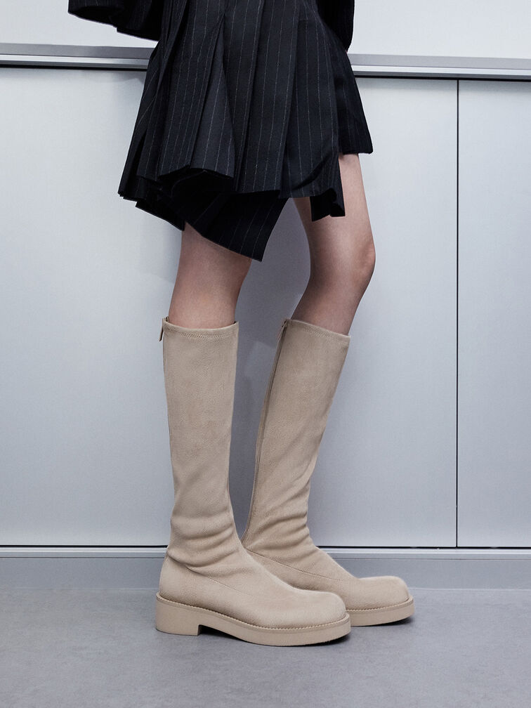 Faux Suede Chunky-Sole Knee-High Boots, Beige, hi-res