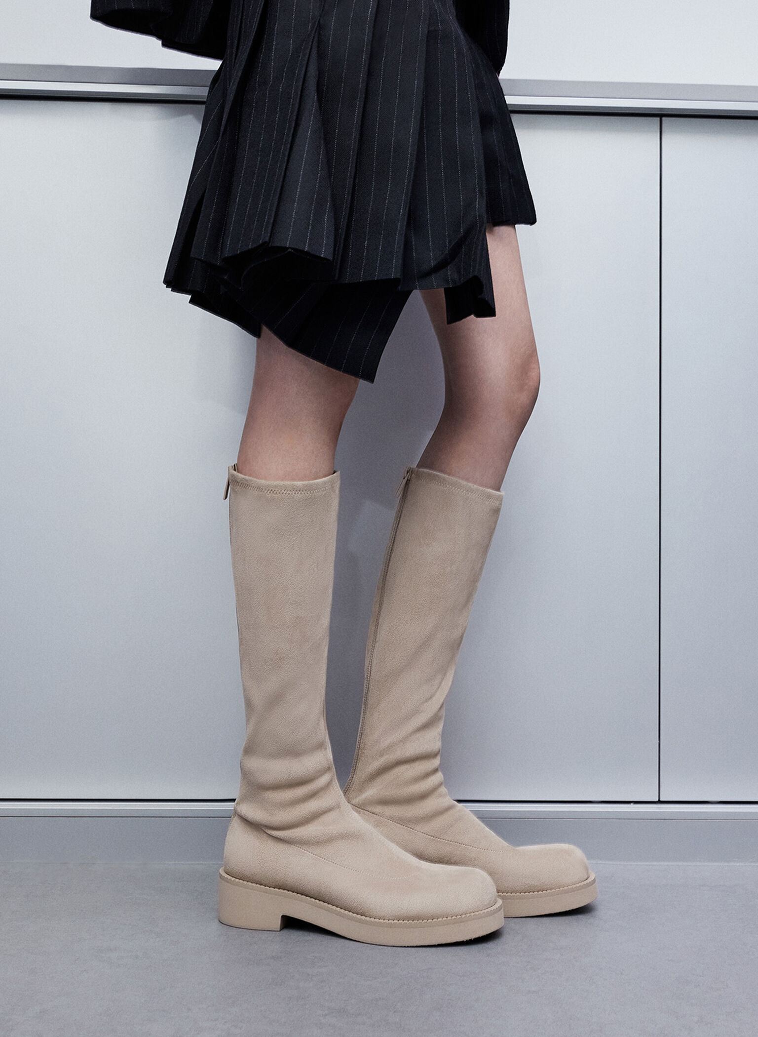 Faux Suede Chunky-Sole Knee-High Boots, Beige, hi-res