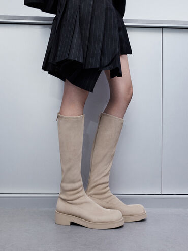 Faux Suede Chunky-Sole Knee-High Boots, Beige, hi-res
