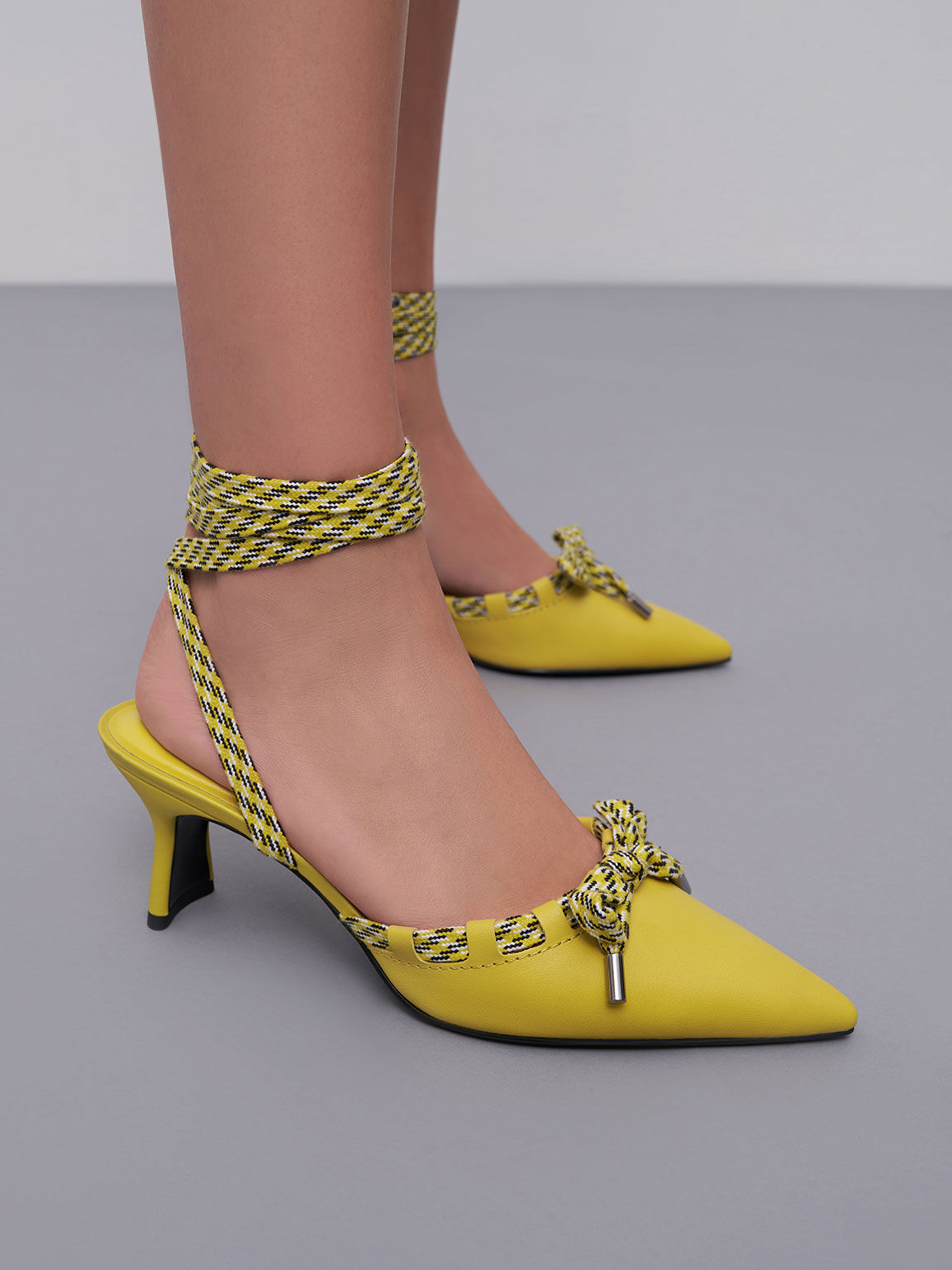 Lace-Up Leather Pumps, Yellow, hi-res