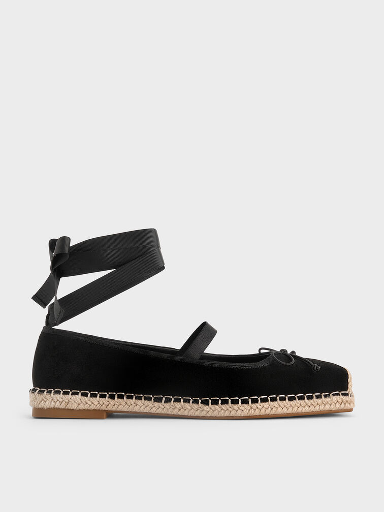 Faux Suede Bow Tie-Around Espadrille Ballet Flats, Black Textured, hi-res