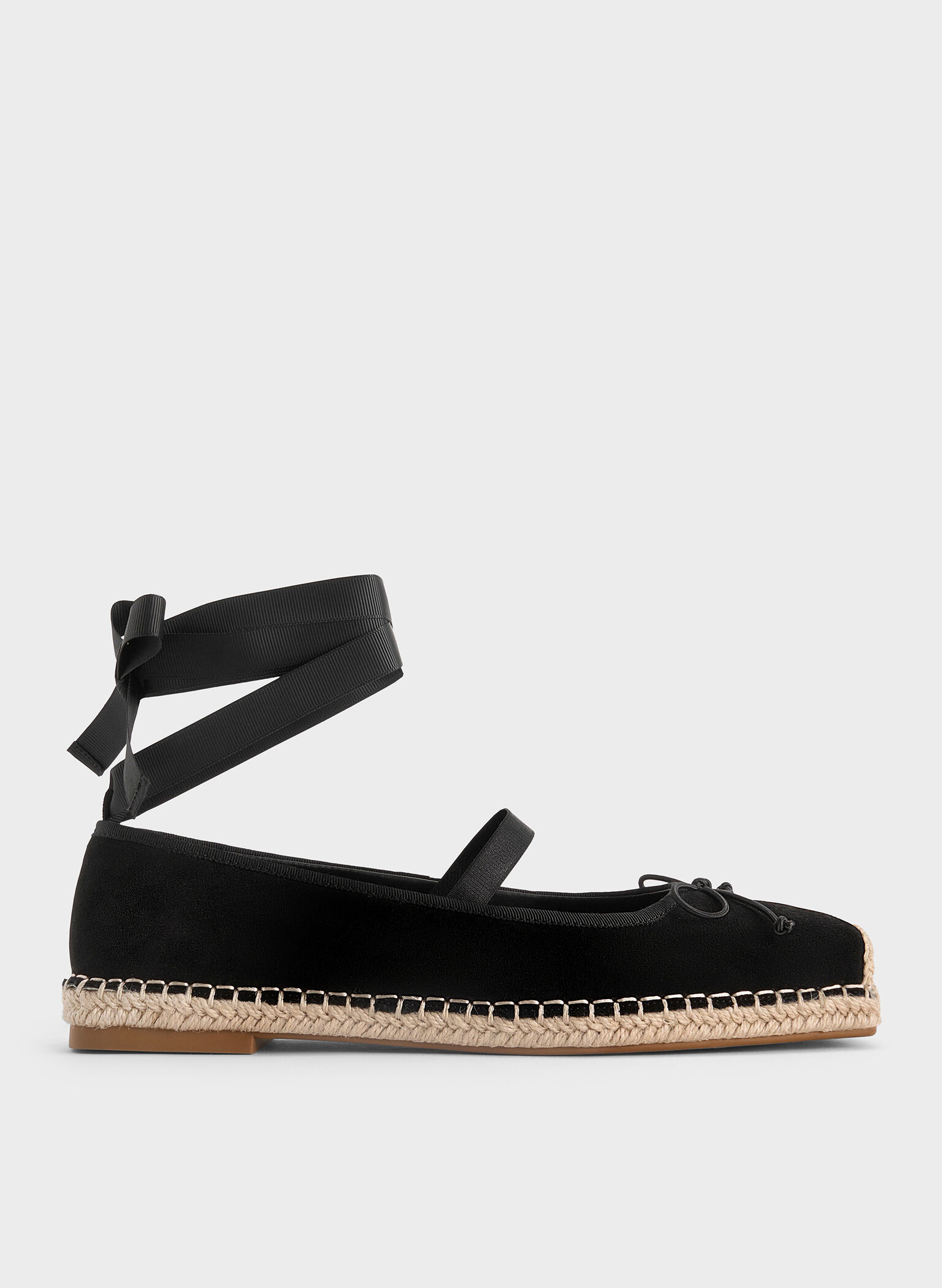 Faux Suede Bow Tie-Around Espadrille Ballet Flats, Black Textured, hi-res