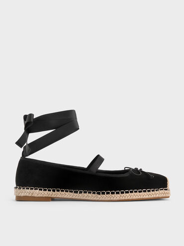 Faux Suede Bow Tie-Around Espadrille Ballet Flats, Black Textured, hi-res